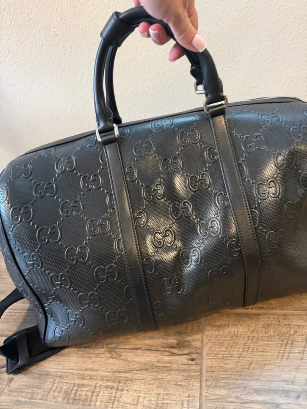 Gucci Black Embossed GG Leather Duffel with Detachable Strap